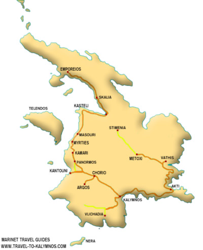 Kalymnos map - Travel to Kalymnos -  The dodecanesian island of Kalymnos, Greece complete guide with information on KALYMNOS, POTHIA, VATHIS, EMBORIOS, MASSOURI, HORIO,  ARGINONDA BEACH, EMBORIOS BEACH, KANDOUNI BEACH, LINARIA BEACH, MASSOURI BEACH, MYRTIES BEACH, EVAGELISTRIA, 
